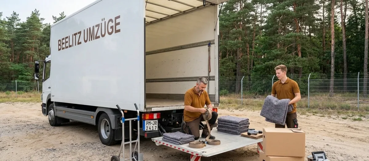 Zwei Umzugshelfer prüfen am offenen Heck des Umzugswagens Gurte, Decken und Sackkarre