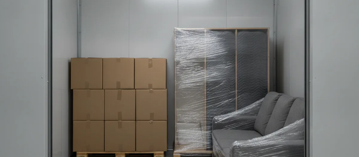 Lagerbox mit gestapelten Kartons und in Folie gepackten Möbeln