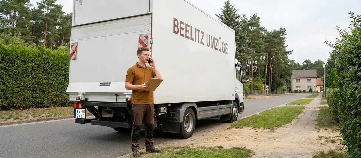 Umzugshelfer telefoniert mit einem Klemmbrett in der Hand neben dem Transporter
