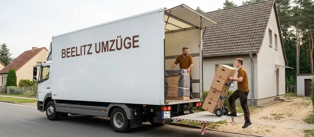 Umzugsteam belädt einen LKW mit Kartons und in Decken verpackten Möbeln