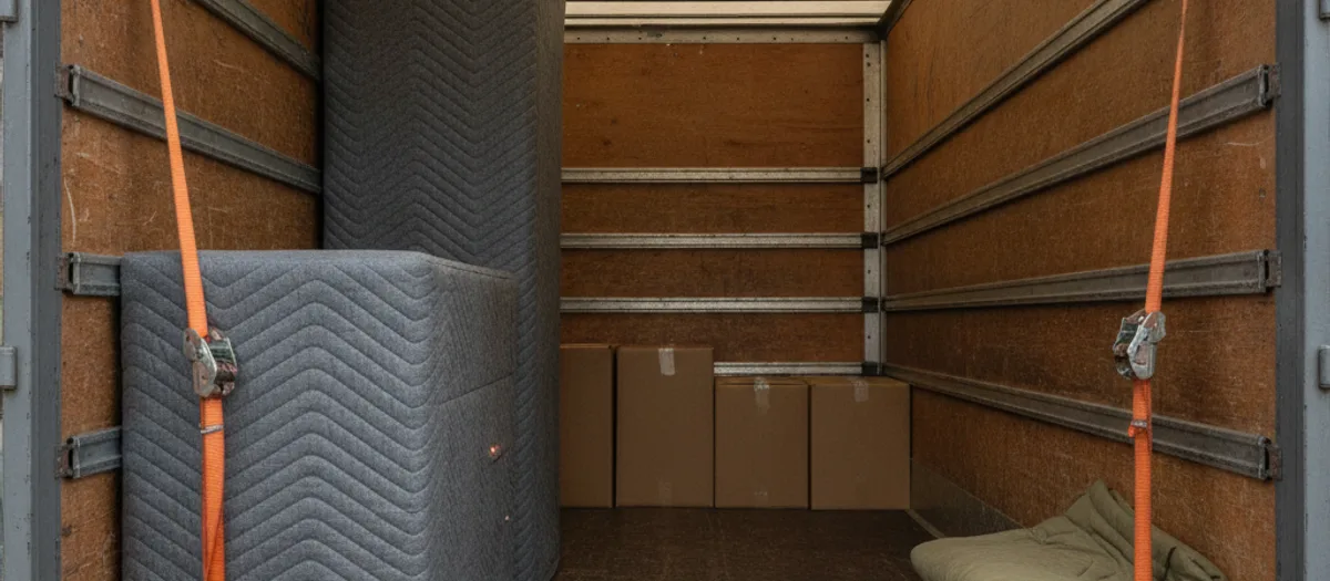 Blick in die Ladefläche: in Decken verpackte Möbel sind mit Gurten an der Wand gesichert