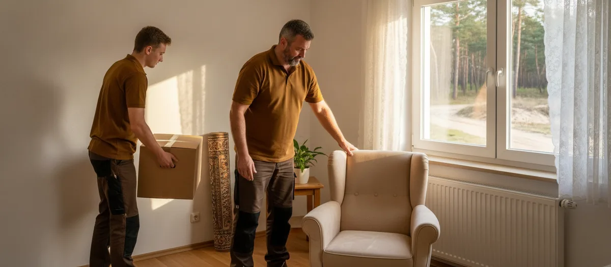 Zwei Umzugshelfer richten ein helles Zimmer ein, einer stellt den Sessel an seinen Platz