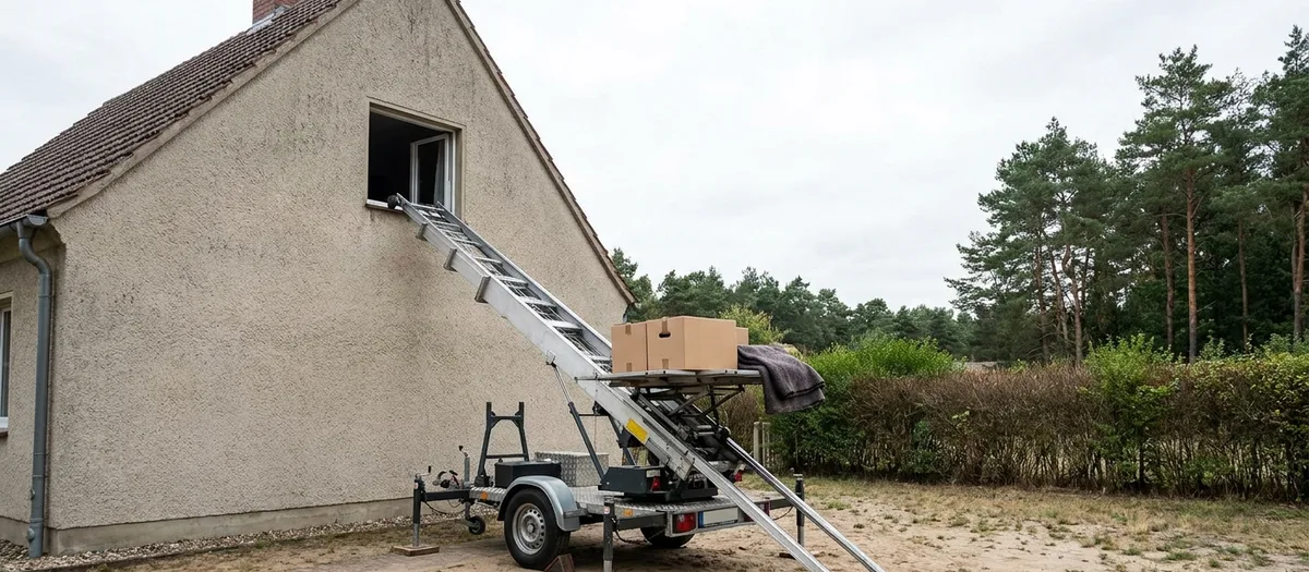 Möbellift steht an der Hausfassade, die Transportplattform fährt mit Kartons zum Fenster im Obergeschoss