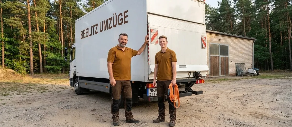 Umzugsteam in Arbeitskleidung steht vor dem beladenen Firmenwagen