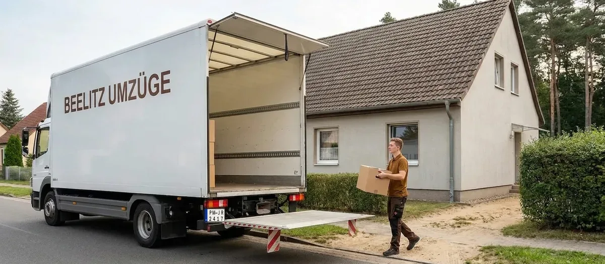 Umzugshelfer trägt einen Karton über den Sandweg zum offenen Umzugswagen