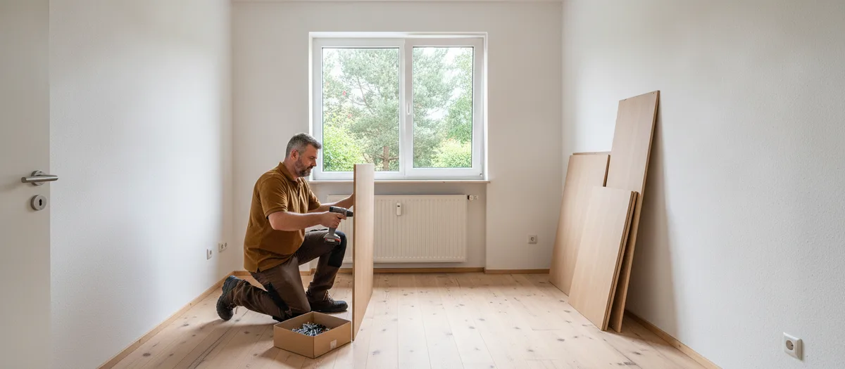Umzugshelfer baut einen zerlegten Kleiderschrank in der neuen Wohnung zusammen