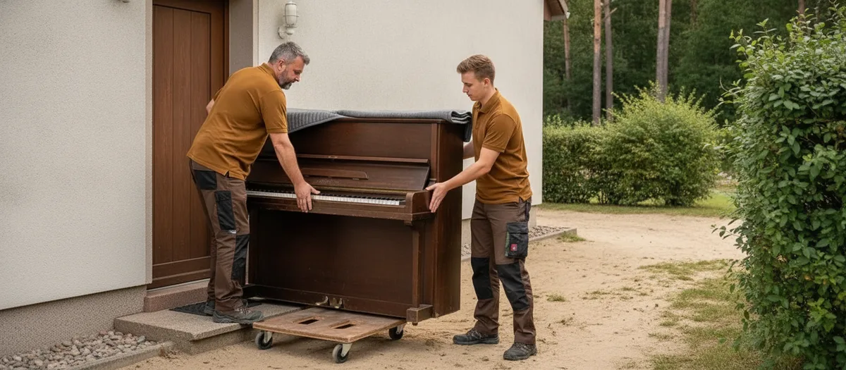 Zwei Umzugshelfer setzen ein Klavier auf ein Rollbrett