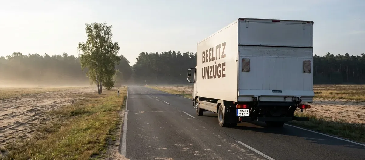 Umzugstransporter auf einer Landstraße zwischen Feldern
