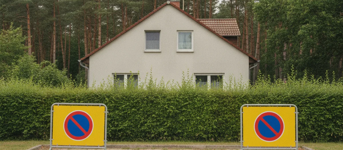Zwei Halteverbotsschilder stehen am Straßenrand vor einem Wohnhaus